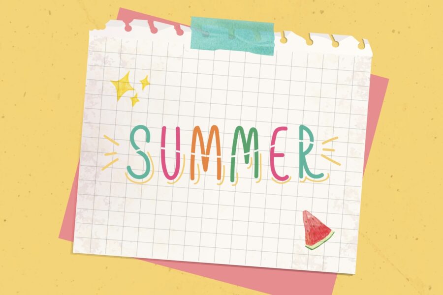 SUMMER in fun colors written on graph paper taped to a yellow background